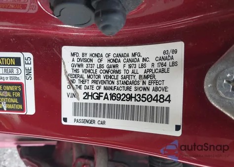 2009 Honda Civic Ex-L from USA, damaged, VIN 2HGFA16929H350484